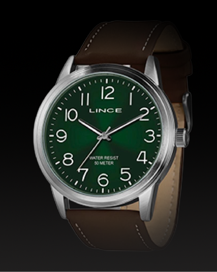 Relógio Lince caixa metálica - fundo verde pulseira de couro