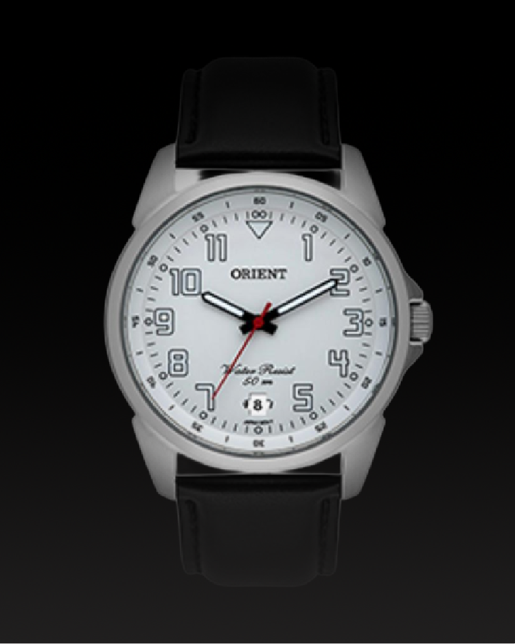 Relógio Orient fundo Branco cx em aço e pulseira de couro