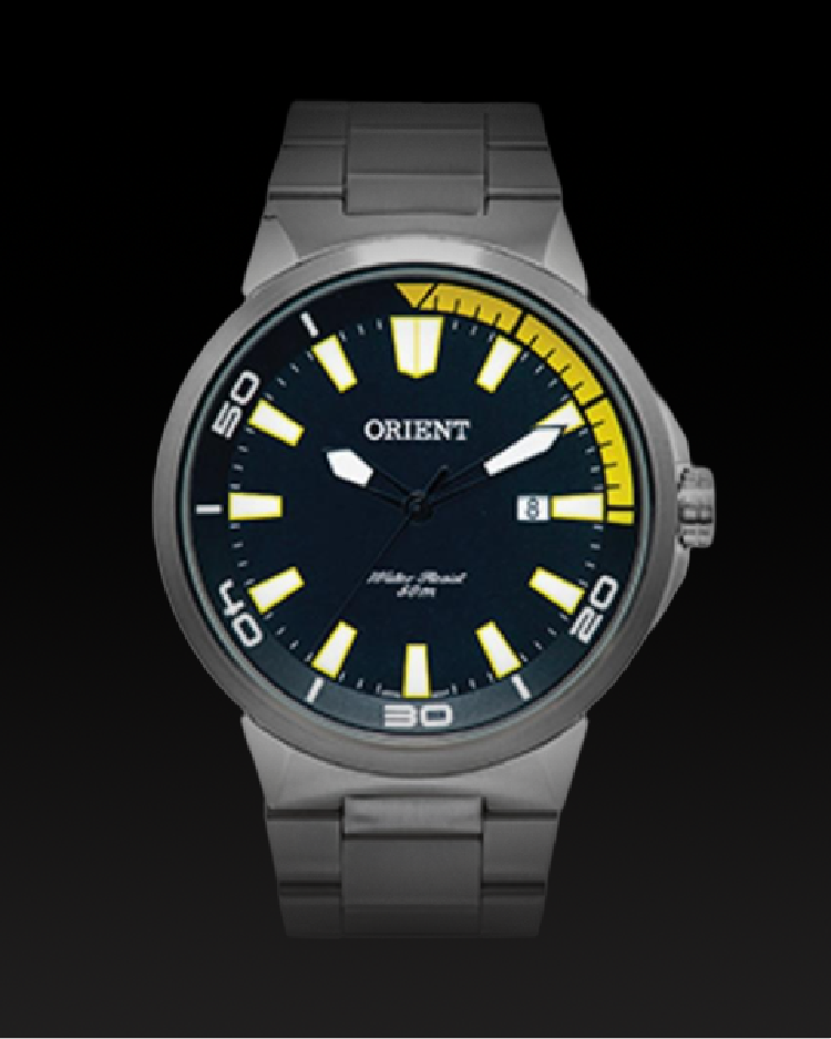 Relógio Orient fundo cinza com detalhes amarelos cx e pulseira metalica