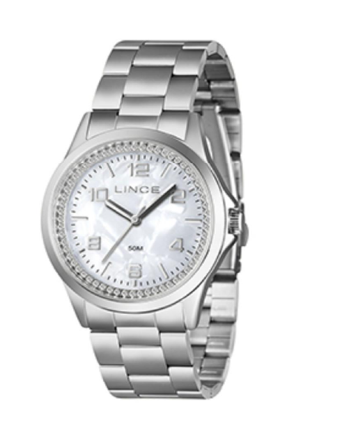 Relógio Lince Feminino Prata fundo branco e pedras