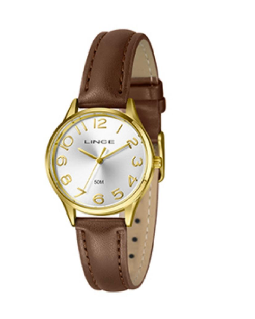 Relógio Lince Feminino cx dourada e pulseira de couro fundo brnaco