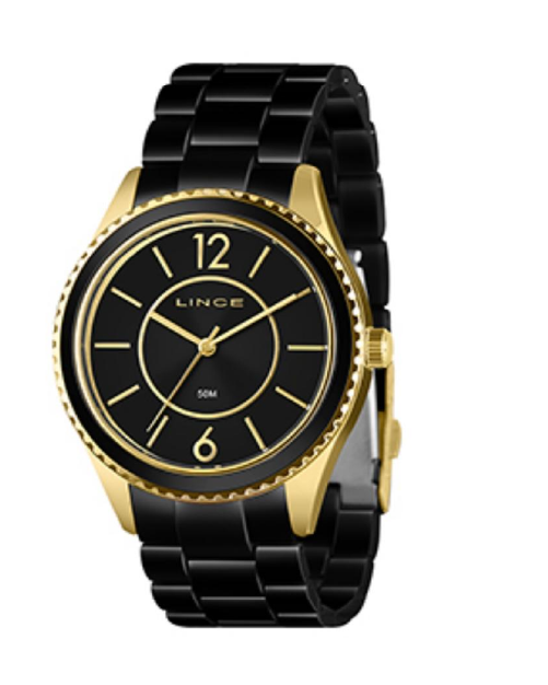 Relógio Lince Feminino cx dourada fundo preto e pulseira preta