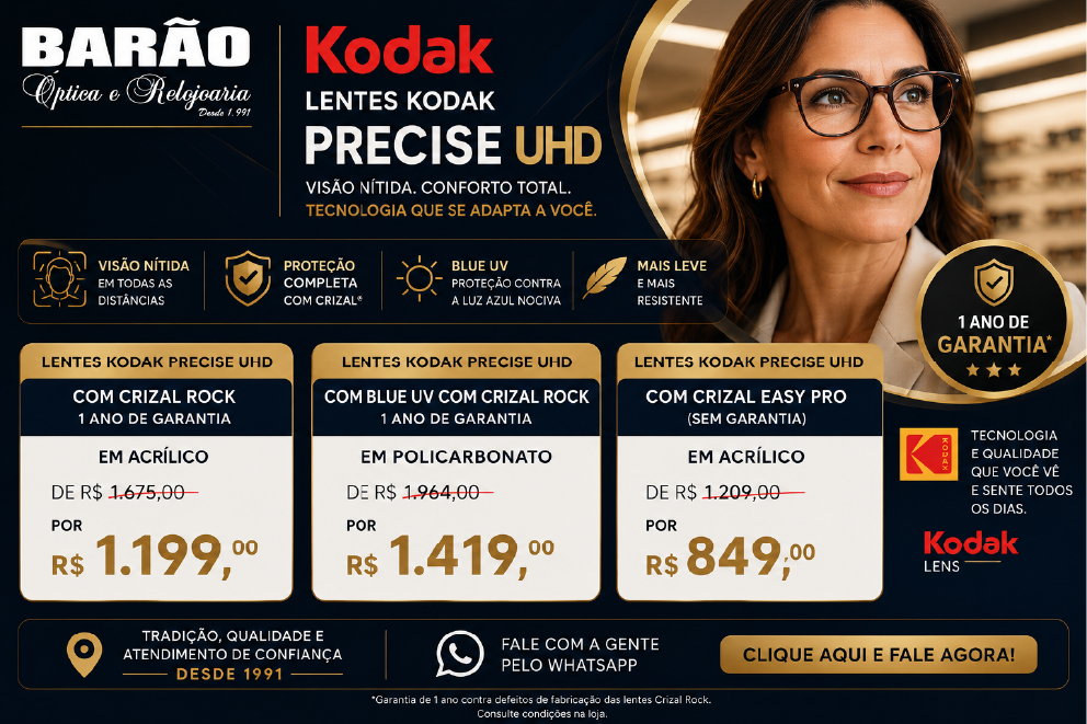 Promoção de lentes Kodak Precise UHD com Crizal Rock e Blue UV na Óptica Barão