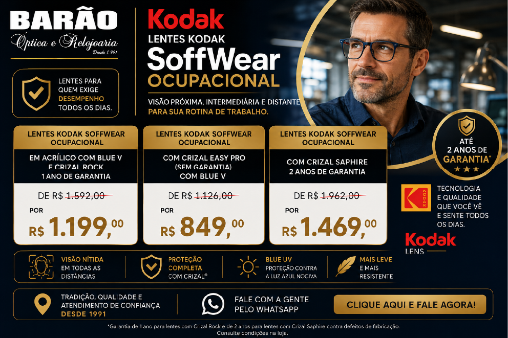 Promoção de lentes Kodak SoffWear Ocupacional com Crizal e Blue UV na Óptica Barão