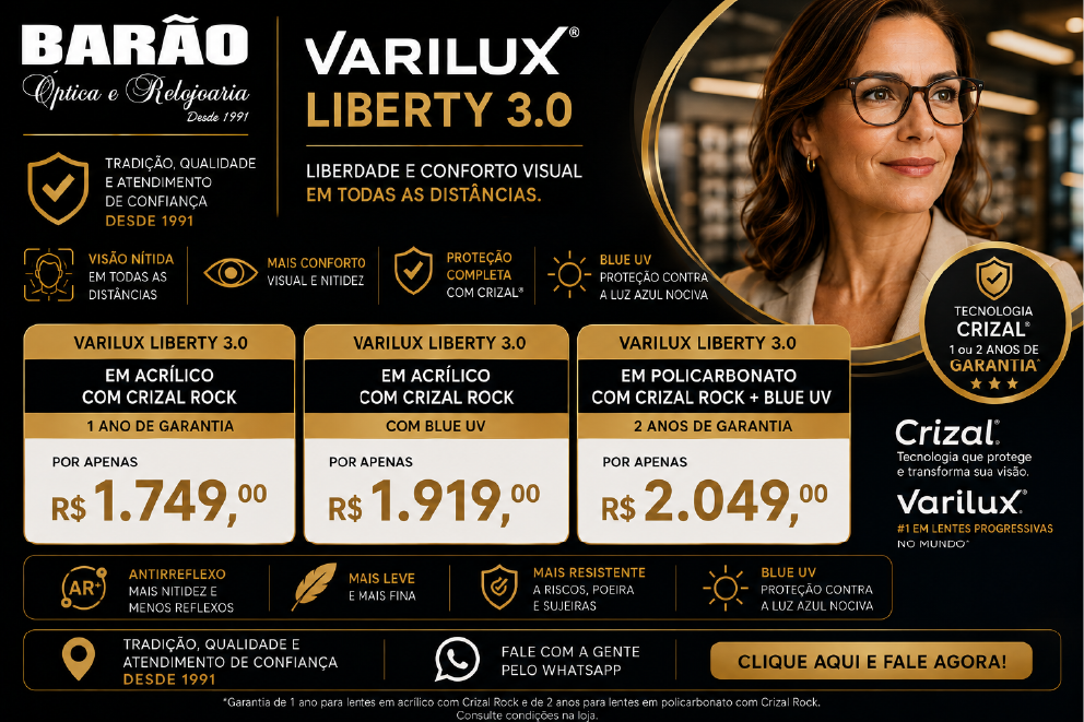 Lentes Varilux Liberty 3.0 com Crizal Rock e Blue UV na Óptica Barão