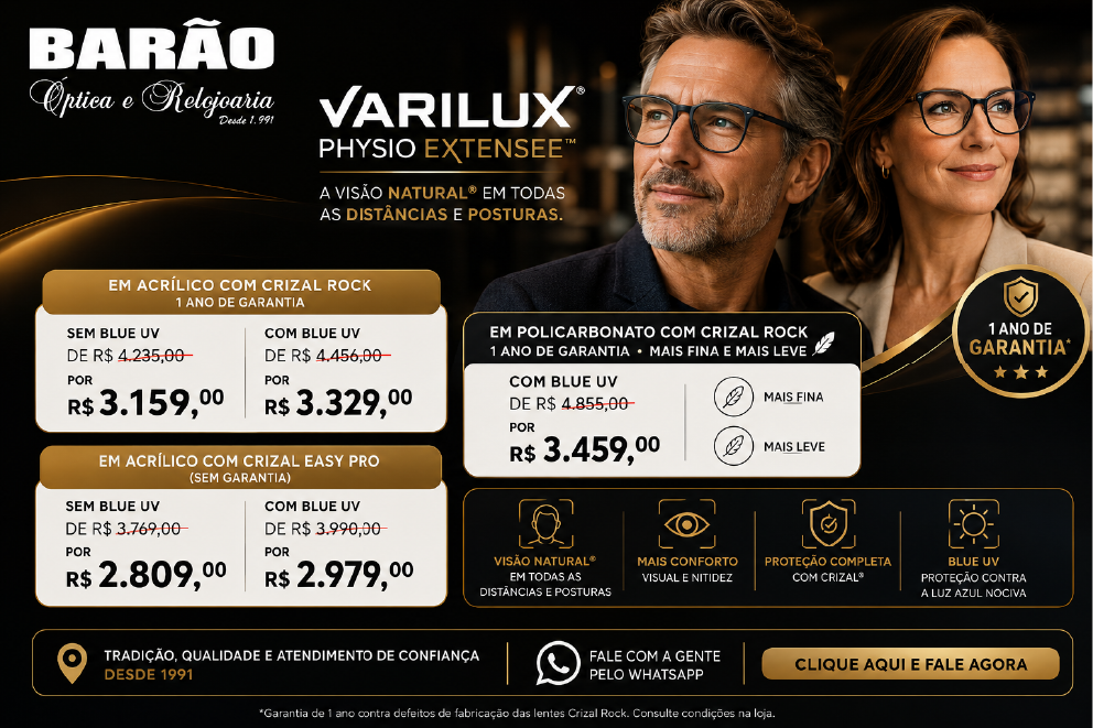 Promoção de lentes Varilux e Crizal na Óptica Barão com parcelamento em até 10x sem juros Título: Promoção Lentes Varilux e Crizal | Óptica Barão