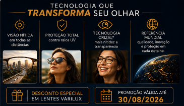 Tecnologia Varilux e Crizal na Óptica Barão em Campinas, com visão nítida, proteção UV e conforto visual.