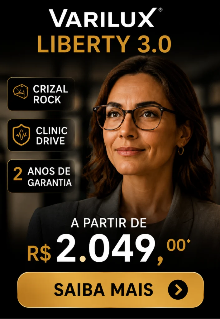 Promoção de lentes Varilux Liberty 3.0 com Crizal Rock e Blue UV na Óptica Barão