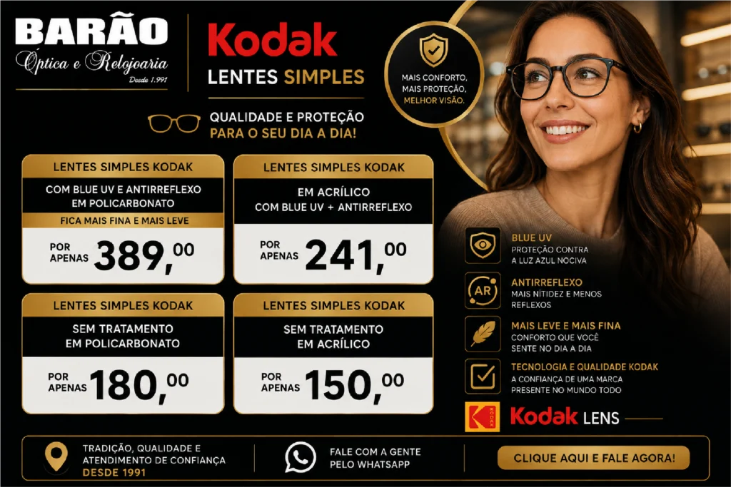 Lentes simples Kodak com Blue UV e antirreflexo em acrílico e policarbonato na Óptica Barão