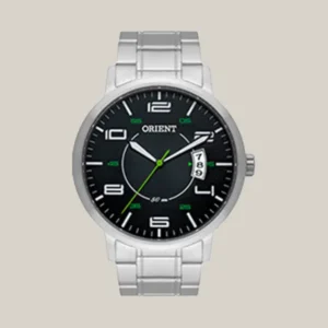 Relógio Orient MBSS1381 P2SX prateado com mostrador escuro e detalhes verdes