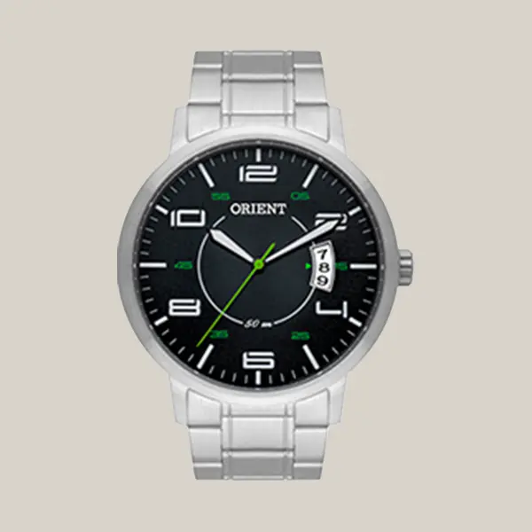 Relógio Orient MBSS1381 P2SX prateado com mostrador escuro e detalhes verdes