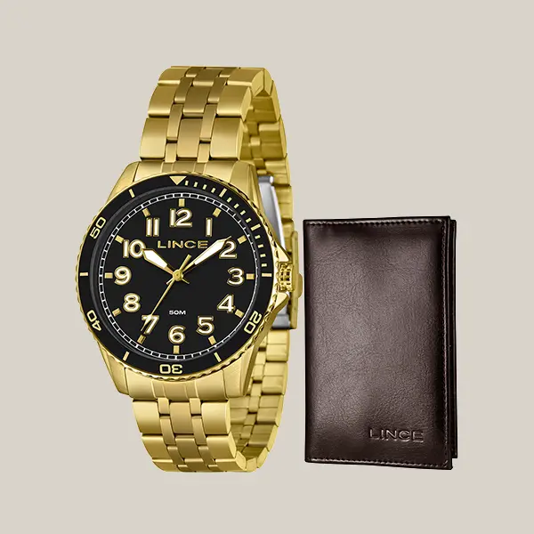 Relógio masculino Lince MRGM008L46 dourado com mostrador preto ao lado da carteira marrom do kit