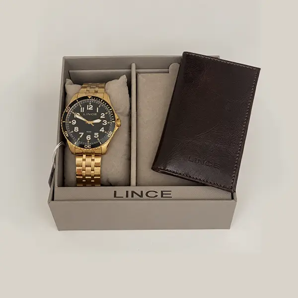 Kit Lince MRGM008L46 com relógio masculino dourado de mostrador preto e carteira marrom no estojo